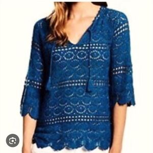 Lucky Brand Crochet Knit Top Teal Blue, Lace Blouse w/ Tassels, Size Large